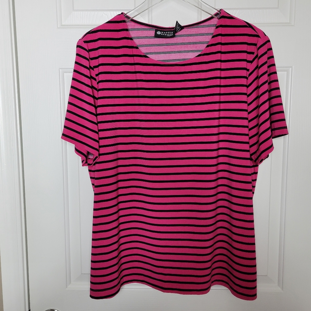 Maggie Barnes Petite 1XWP Pink And Black Striped Women's Top Blouse
